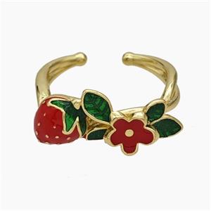Copper Strawberry Rings Flower Red Enamel Gold Plated, approx 10-20mm, 18mm dia [FN50696]