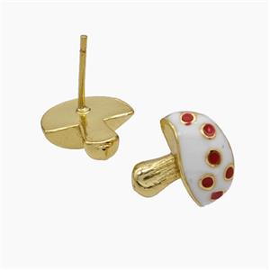Copper Mushroom Stud Earrings White Enamel Gold Plated, approx 12-13mm [FN50716]