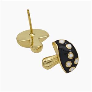 Copper Mushroom Stud Earrings Black Enamel Gold Plated, approx 12-13mm [FN50717]