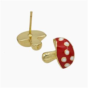 Copper Mushroom Stud Earrings Red Enamel Gold Plated, approx 12-13mm [FN50718]