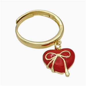 Copper Heart Rings Red Enamel Bow Gold Plated, approx 14mm, 18mm dia [FN50726]