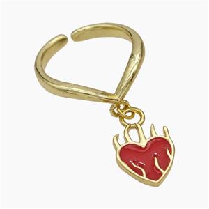 Copper Heart Rings Red Enamel Gold Plated, approx 10-12mm, 18mm dia [FN50729]