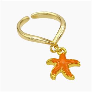 Copper Starfish Rings Orange Enamel Gold Plated, approx 13mm, 18mm dia [FN50734]