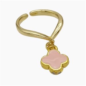 Copper Clover Rings Pink Enamel Gold Plated, approx 12mm, 18mm dia [FN50738]
