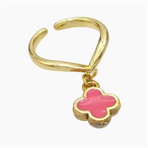 Copper Clover Rings Pink Enamel Gold Plated, approx 12mm, 18mm dia [FN50741]