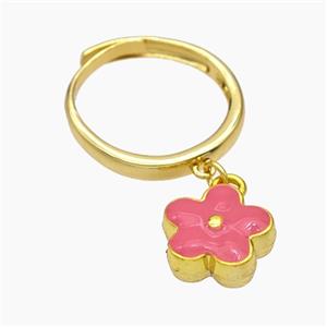 Copper Flower Rings Pink Enamel Gold Plated, approx 12mm, 18mm dia [FN50743]