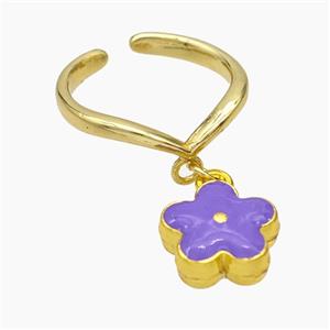 Copper Flower Rings Lavender Enamel Gold Plated, approx 12mm, 18mm dia [FN50746]