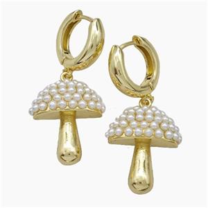Copper Mushroom Hoop Earrings Pave Pearlized Resin Gold Plated, approx 18-22mm, 15mm dia [FN50775]