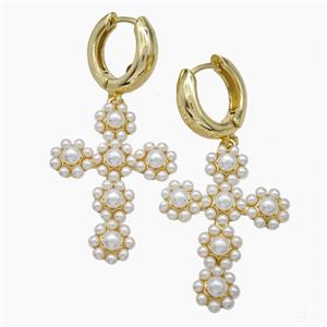 Copper Cross Hoop Earrings Pave Pearlized Resin Gold Plated, approx 22-30mm, 15mm dia [FN50776]