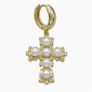 Copper Cross Hoop Earrings Pave Pearlized Resin Gold Plated, approx 20-25mm, 15mm dia [FN50777]
