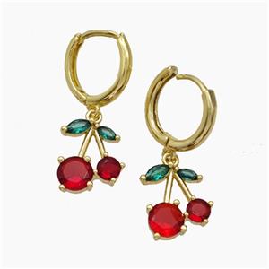 Copper Cherry Hoop Earrings Pave Zirconia Gold Plated, approx 10-14mm, 14mm dia [FN50779]