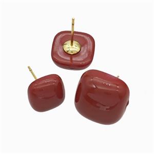 Copper Button Stud Earrings Red Enamel Gold Plated, approx 10x10mm [FN50780-10MM]