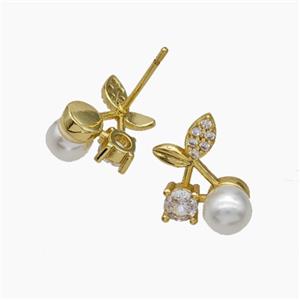 Copper Cherry Stud Earrings Pave Zirconia Pearlized Resin Gold Plated, approx 10-14mm [FN50781]