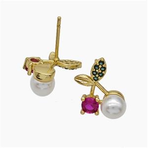 Copper Cherry Stud Earrings Pave Zirconia Pearlized Resin Gold Plated, approx 10-14mm [FN50782]