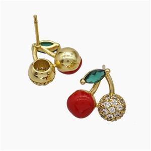 Copper Cherry Stud Earrings Pave Zirconia Red Enamel Gold Plated, approx 12-15mm [FN50783]