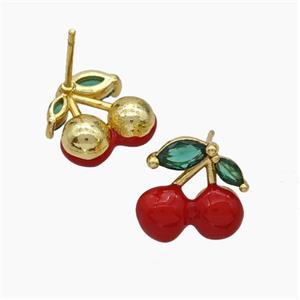 Copper Cherry Stud Earrings Pave Zirconia Red Enamel Gold Plated, approx 11-13mm [FN50785]