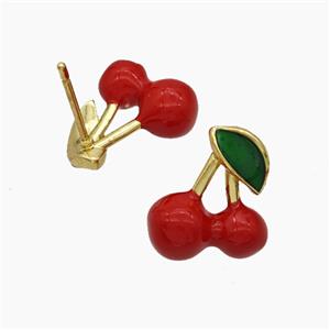 Copper Cherry Stud Earrings Red Enamel Gold Plated, approx 13-14mm [FN50787]