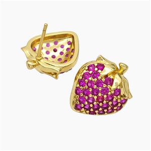 Copper Strawberry Stud Earrings Pave Zirconia Gold Plated, approx 15-18mm [FN50790]