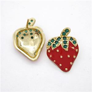 Copper Strawberry Stud Earrings Pave Zirconia Red Enamel Gold Plated, approx 15-20mm [FN50792]