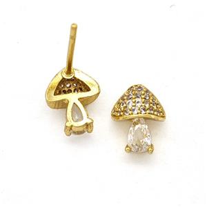 Copper Mushroom Stud Earrings Pave Zirconia Gold Plated, approx 7-9mm [FN50794]