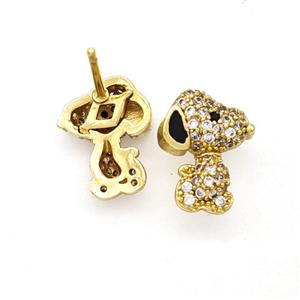 Copper Dog Stud Earrings Pave Zirconia Black Enamel Gold Plated, approx 9-12mm [FN50797]