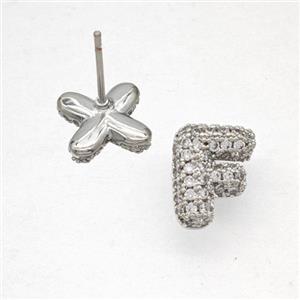 Copper Stud Earrings Pave Zirconia Letter-F Platinum Plated, approx 8-10mm [FN50815]