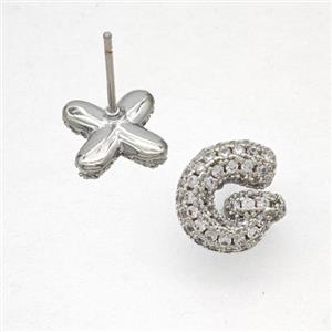 Copper Stud Earrings Pave Zirconia Letter-G Platinum Plated, approx 8-10mm [FN50816]