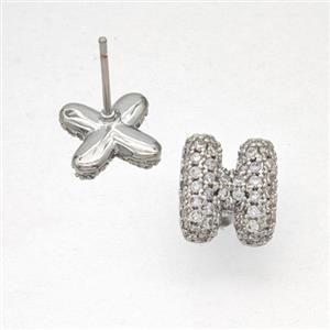 Copper Stud Earrings Pave Zirconia Letter-H Platinum Plated, approx 8-10mm [FN50817]