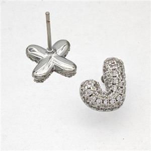 Copper Stud Earrings Pave Zirconia Letter-J Platinum Plated, approx 8-10mm [FN50819]