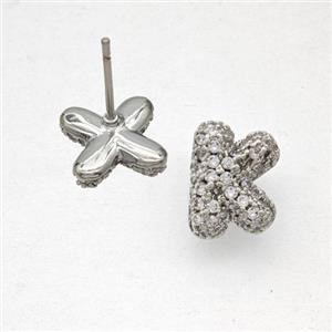 Copper Stud Earrings Pave Zirconia Letter-K Platinum Plated, approx 8-10mm [FN50820]