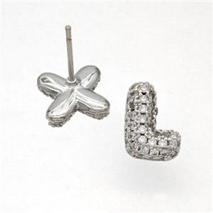 Copper Stud Earrings Pave Zirconia Letter-L Platinum Plated, approx 8-10mm [FN50821]