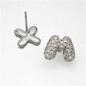 Copper Stud Earrings Pave Zirconia Letter-M Platinum Plated, approx 8-10mm [FN50822]