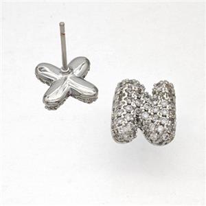 Copper Stud Earrings Pave Zirconia Letter-N Platinum Plated, approx 8-10mm [FN50823]