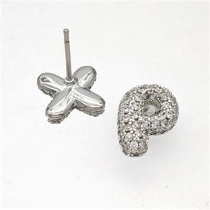 Copper Stud Earrings Pave Zirconia Letter-P Platinum Plated, approx 8-10mm [FN50825]