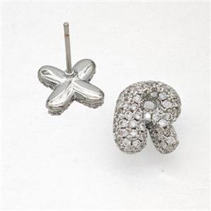 Copper Stud Earrings Pave Zirconia Letter-R Platinum Plated, approx 8-10mm [FN50827]