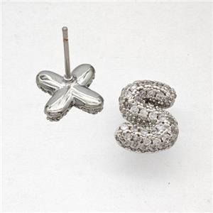 Copper Stud Earrings Pave Zirconia Letter-S Platinum Plated, approx 8-10mm [FN50828]
