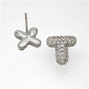 Copper Stud Earrings Pave Zirconia Letter-T Platinum Plated, approx 8-10mm [FN50829]