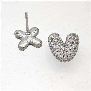 Copper Stud Earrings Pave Zirconia Letter-V Platinum Plated, approx 8-10mm [FN50831]