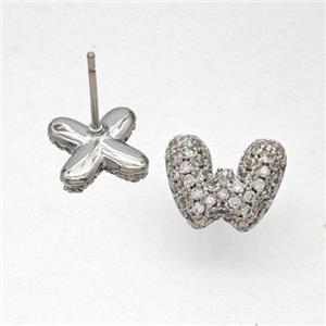 Copper Stud Earrings Pave Zirconia Letter-W Platinum Plated, approx 8-10mm [FN50832]