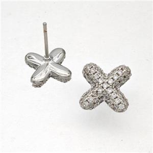 Copper Stud Earrings Pave Zirconia Letter-X Platinum Plated, approx 8-10mm [FN50833]