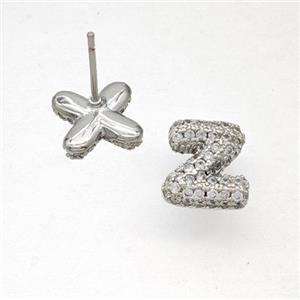 Copper Stud Earrings Pave Zirconia Letter-Z Platinum Plated, approx 8-10mm [FN50835]