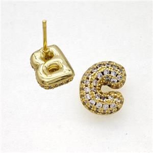 Copper Stud Earrings Pave Zirconia Letter-C Gold Plated, approx 8-10mm [FN50838]