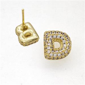 Copper Stud Earrings Pave Zirconia Letter-D Gold Plated, approx 8-10mm [FN50839]