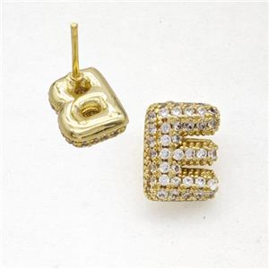 Copper Stud Earrings Pave Zirconia Letter-E Gold Plated, approx 8-10mm [FN50840]