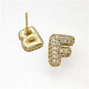 Copper Stud Earrings Pave Zirconia Letter-F Gold Plated, approx 8-10mm [FN50841]