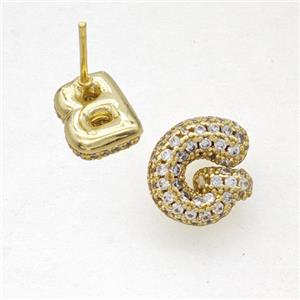 Copper Stud Earrings Pave Zirconia Letter-G Gold Plated, approx 8-10mm [FN50842]