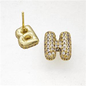 Copper Stud Earrings Pave Zirconia Letter-H Gold Plated, approx 8-10mm [FN50843]