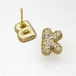 Copper Stud Earrings Pave Zirconia Letter-K Gold Plated, approx 8-10mm [FN50846]
