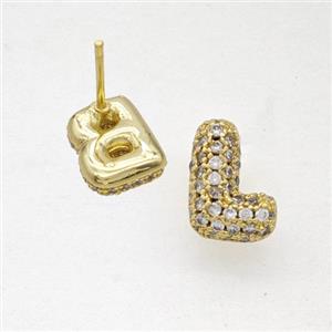 Copper Stud Earrings Pave Zirconia Letter-L Gold Plated, approx 8-10mm [FN50847]
