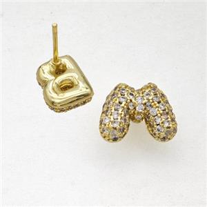 Copper Stud Earrings Pave Zirconia Letter-M Gold Plated, approx 8-10mm [FN50848]